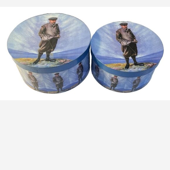 (2) Vintage Keepsake / Hat Box Blue W/Art of Scottish Golfer Robert Maxwell - Picture 2 of 7